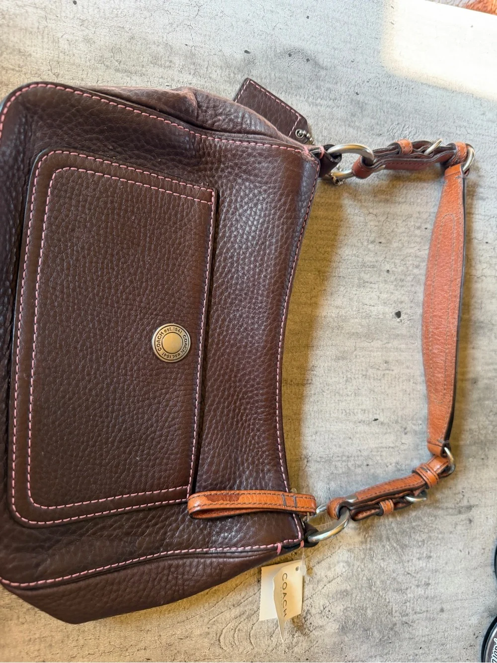 Coach Brown Leather Shoulder Bag with Tan Strap and Pink Topstitching